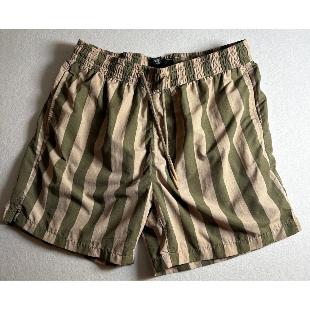 Forever 21 Men Olive Green Tan Striped Swim Trunks Mesh Lined Shorts Large